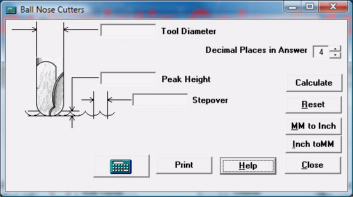 Ball nose cutter calculations panel.